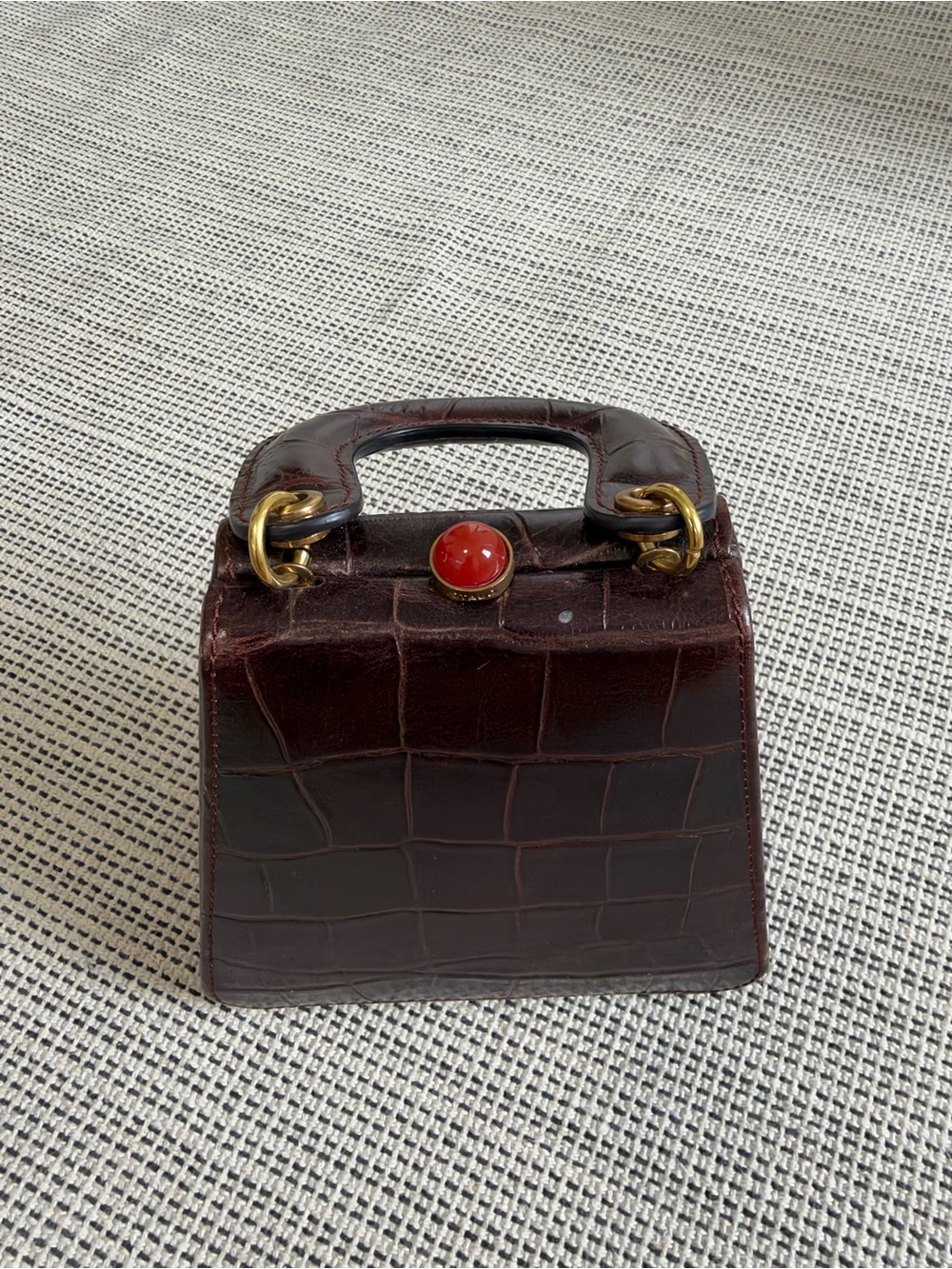 Staud kenny bag Dark Brown Croc-Embossed Top-Handle Bag with Red Accent